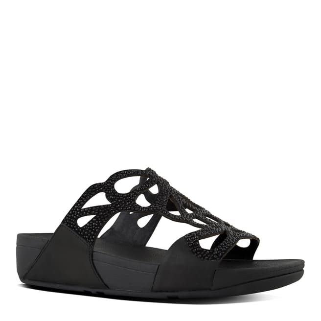 FitFlop Black Leather Blend Bumble Crystal Sliders 