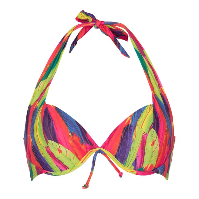 LingaDore Pink/Multi Rainbow Feather Print Halterneck Bikini Top