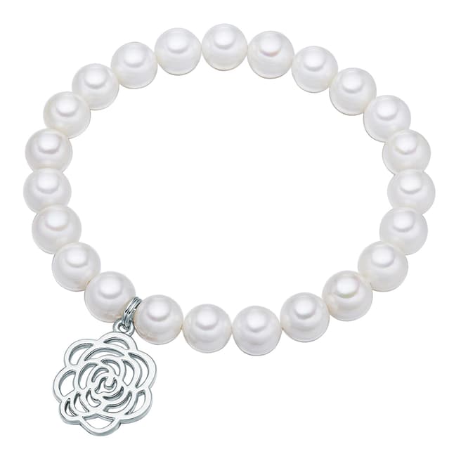 Pearls of London White Pearl/Silver Flower Charm Bracelet