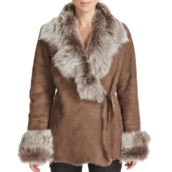 Shearling Boutique Taupe Short Merino Shearling Tie Jacket