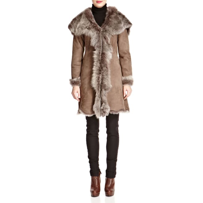 Shearling Boutique Taupe Waterfall Hooded Shearling Coat
