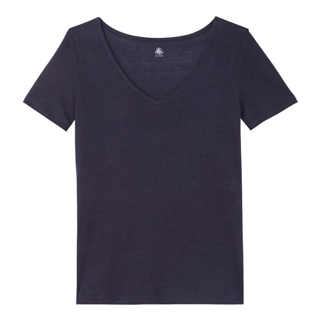 Petit Bateau Women's Blue Short-Sleeved V-Neck Linen T-Shirt