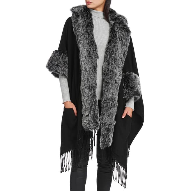 JayLey Collection Black / Grey Cashmere Faux Fur Cape Coat