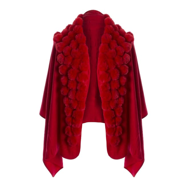 JayLey Collection Red Cashmere Blend Faux Fur Pom Pom Wrap