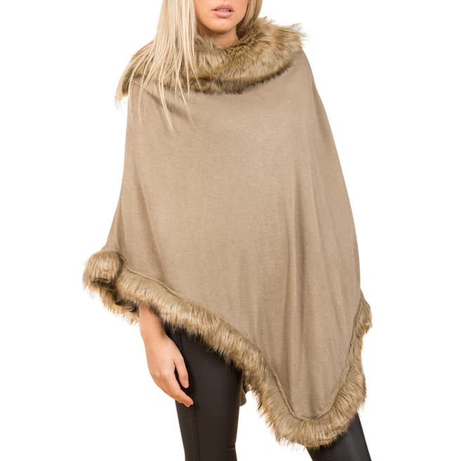 JayLey Collection Mocha Poncho with Faux Fur Trim