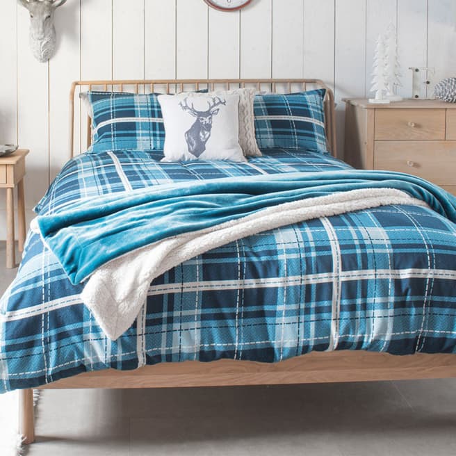 Gallery Living Oban Check Double Brushed Cotton Duvet Cover Set, Ink/Teal
