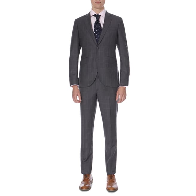 Hackett London Grey Classic Windowpane Tailored Wool Suit