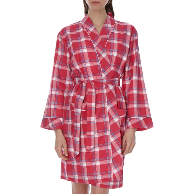 Cottonreal White/Raspberry Pink Check 3/4 Sleeve Kimono Wrapover