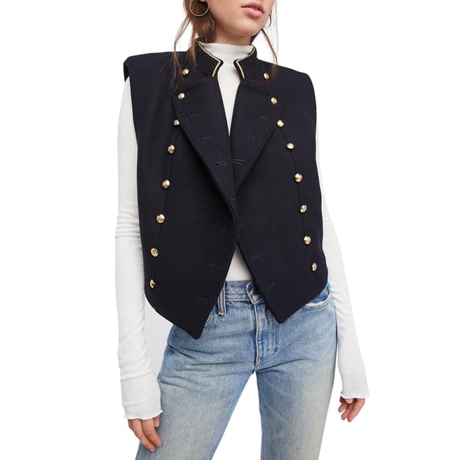 Free People Navy Cropped Military Wool Blend Vest