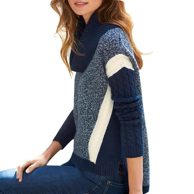 Pure Collection Navy/Soft White Luxury Cashmere Cowl Neck Jumper