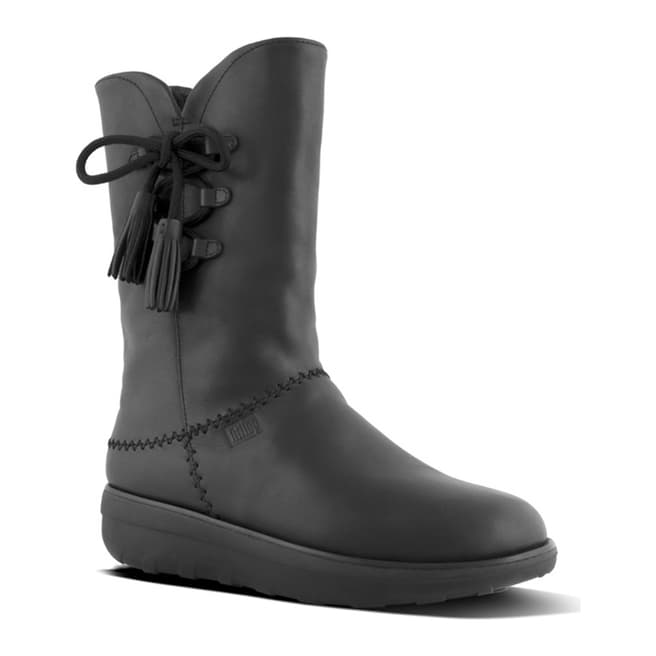 FitFlop All Black Leather Mukluk High Boots With Tassels