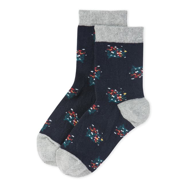 Petit Bateau Navy/Grey Flower Motif Cotton Blend Socks