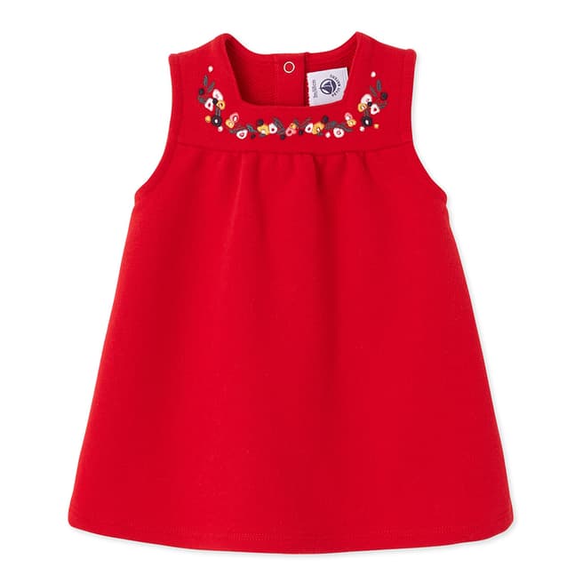 Petit Bateau Red Embroidered Cotton Fleece Dress