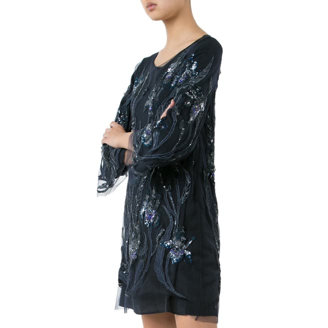 Marchesa Navy Blue Sequin Embroidered Dress