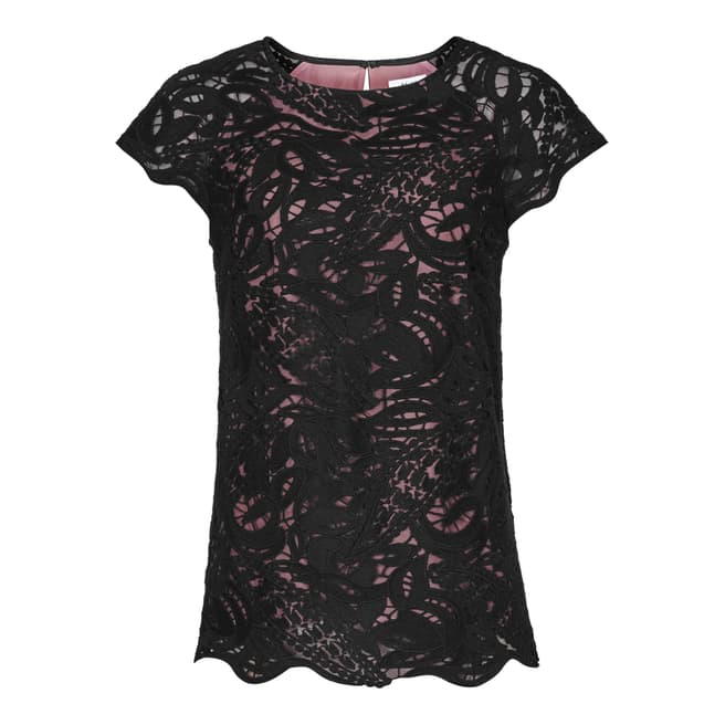 Reiss Black/Pink Short Sleeve Lace Sol Top