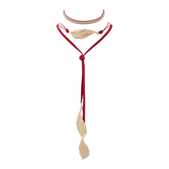 BiBi Bijoux Red/Gold Feather Leather Pendant Necklace