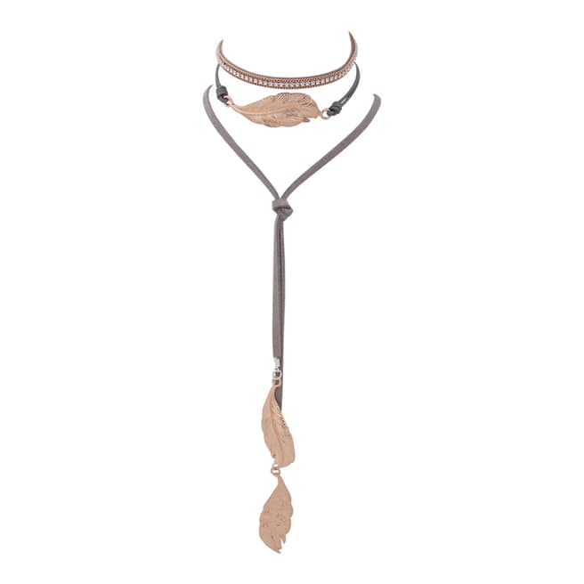BiBi Bijoux Grey/Rose Gold Feather Leather Pendant Necklace