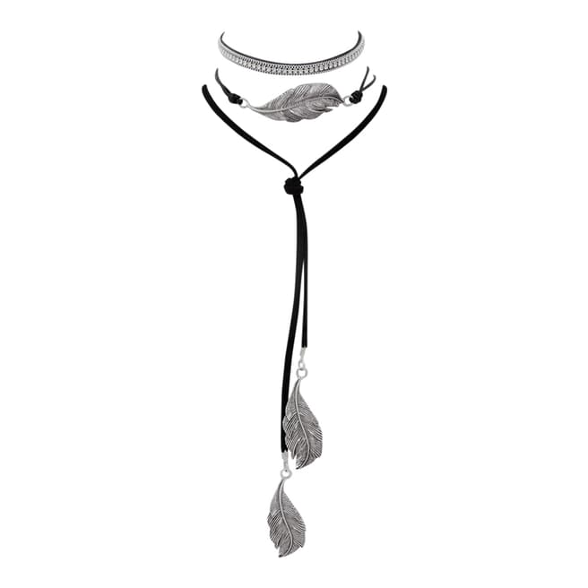 BiBi Bijoux Black/Silver Feather Leather Pendant Necklace