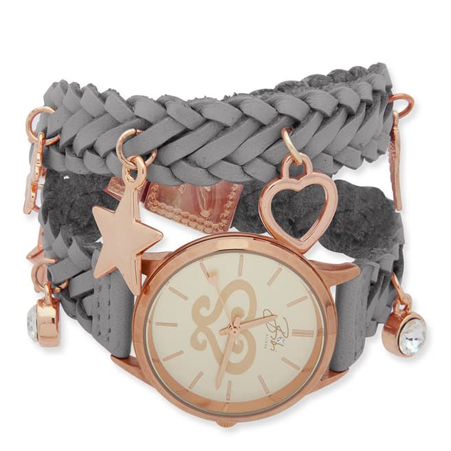 BiBi Bijoux Grey/Rose Gold Leather Charm Watch Bracelet