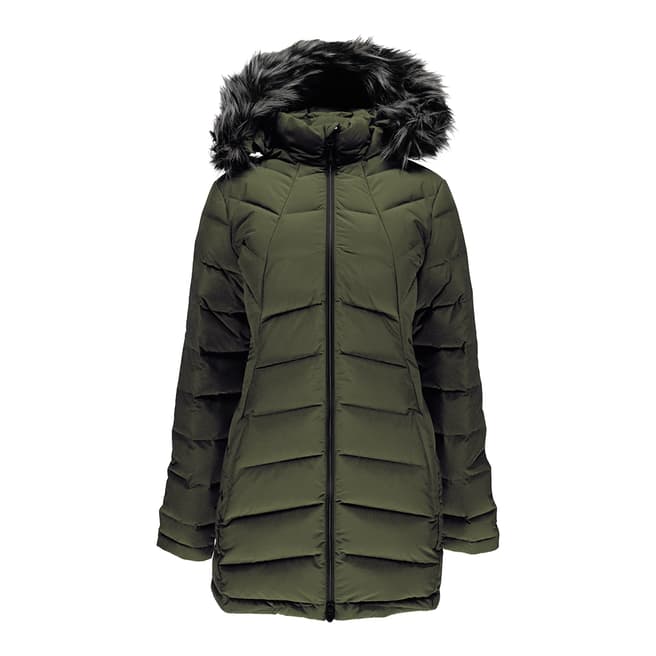 Spyder Women's Khaki Syrround Long Faux Fur Down Coat