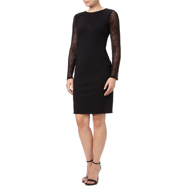 Adrianna Papell Black Adrianna Papell  Lace Detail Long Sleeved Fit Dress 