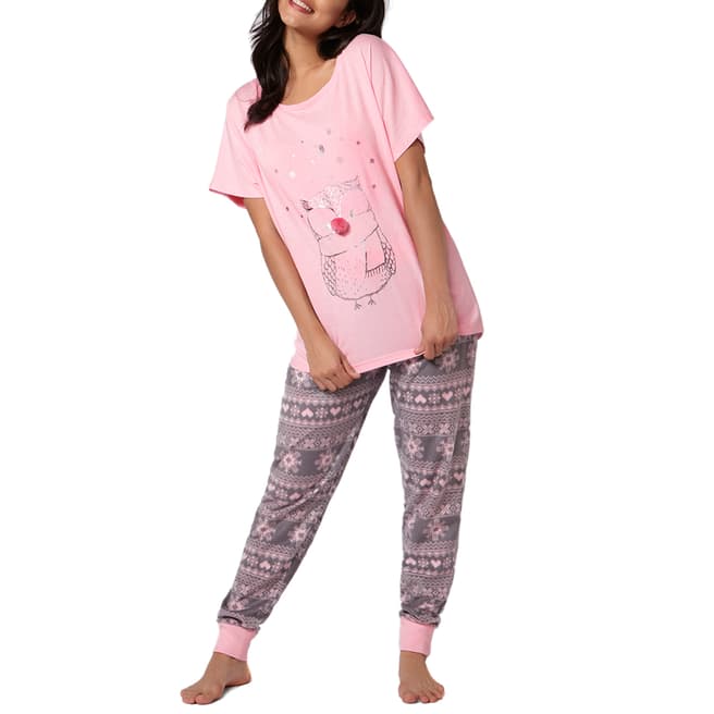 Boux Avenue Pink Owl Tee and Pants Pyjama Set