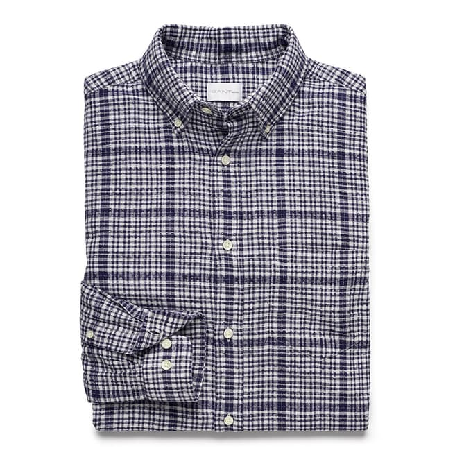Gant Navy Loose Button Down Boucle Check Cotton Linen Shirt