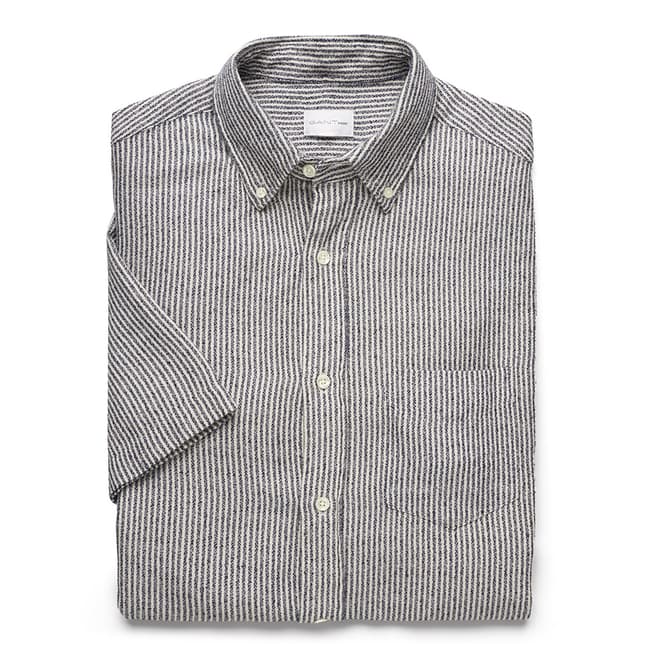 Gant Navy Loose Button Down Short Sleeve Boucle Micro Stripe Cotton Shirt