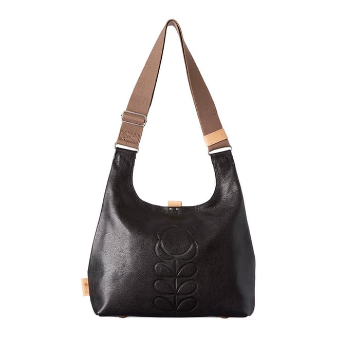 Orla Kiely Black Flower Stem Embossed Leather Midi Sling Bag