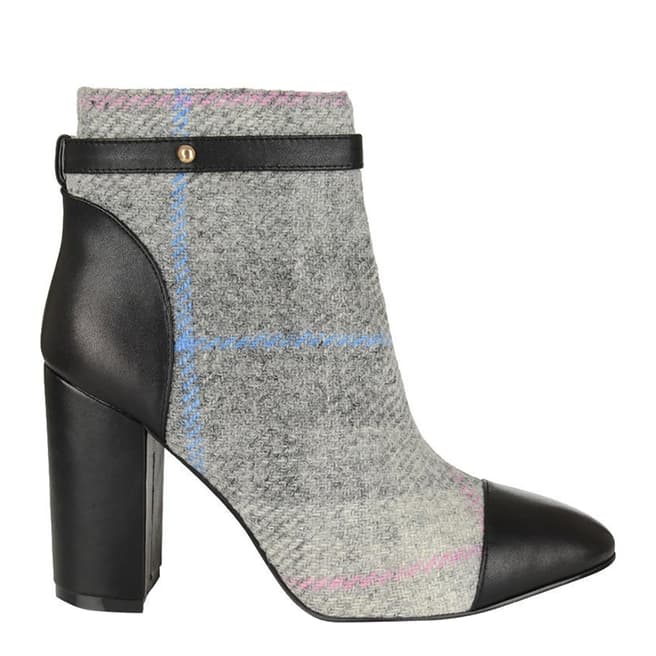 Yull Black Leather And Grey Tartan Chester Block Heel Boot