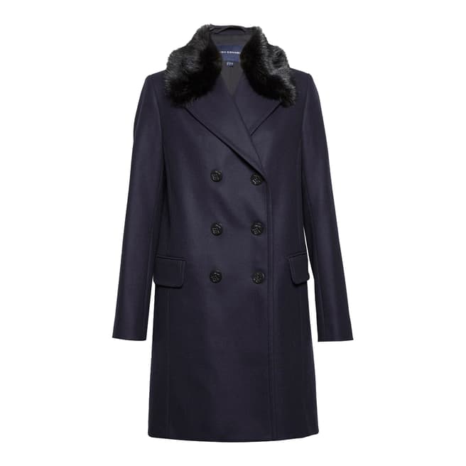 French Connection Utility Blue Platform Felt Double Breasted Faux Fur Collar Coat