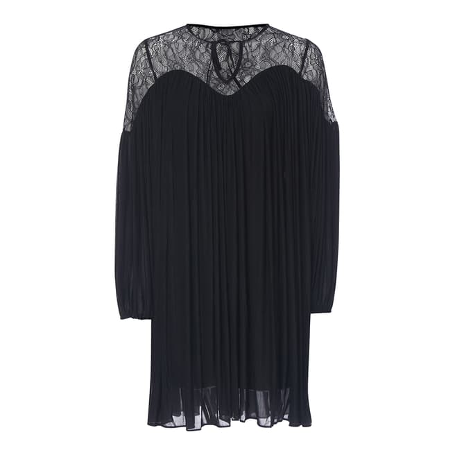 French Connection Black Lassia Lace Jersey Tie Neck Dress