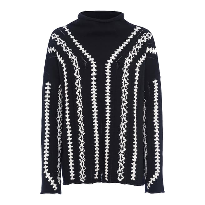 French Connection Black/White Ella Embroidered Wool Blend Jumper