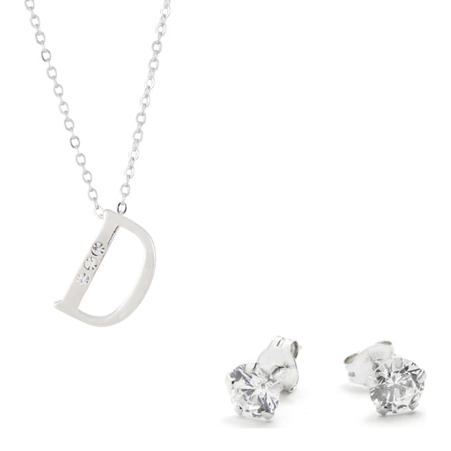 MUSAVENTURA Silver Crystal 'D' Necklace And Earrings