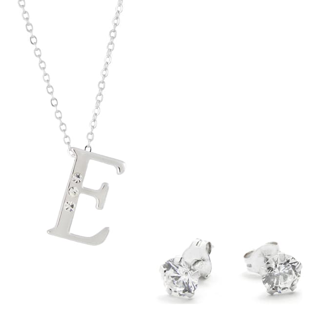 MUSAVENTURA Silver Crystal 'E' Necklace And Earrings