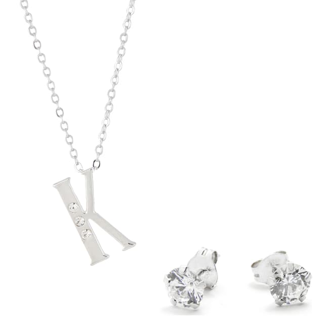 MUSAVENTURA Silver Crystal 'K' Necklace And Earrings