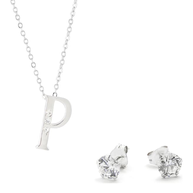 MUSAVENTURA Silver Crystal 'P' Necklace And Earrings