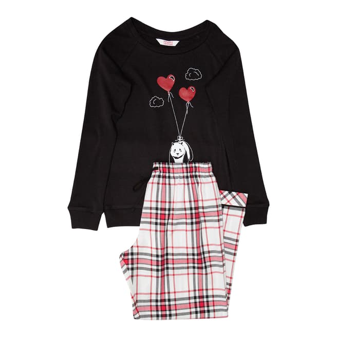 Minijammies Girls Red Pandora Placement Print Knit Long Sleeve Top and Woven Brushed Check Pyjama Set