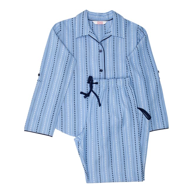 Minijammies Girls Blue Josie Woven Spot Dobby Stripe Turn up Sleeve Pyjamas