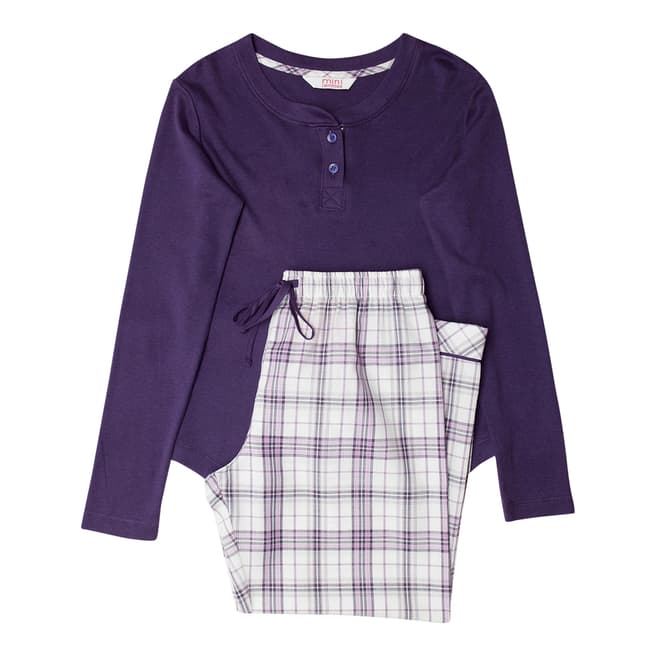 Minijammies Girls Purple Abigail Long Sleeve Knit Top and Woven Check Pyjama Set