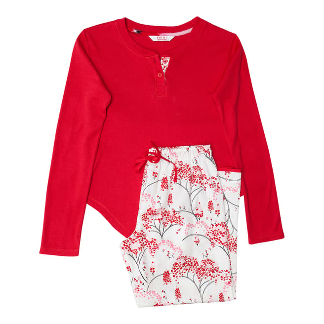 Minijammies Girl's Red Erin Knit Long Sleeve Top and Woven Brushed Floral Print Pyjama Set