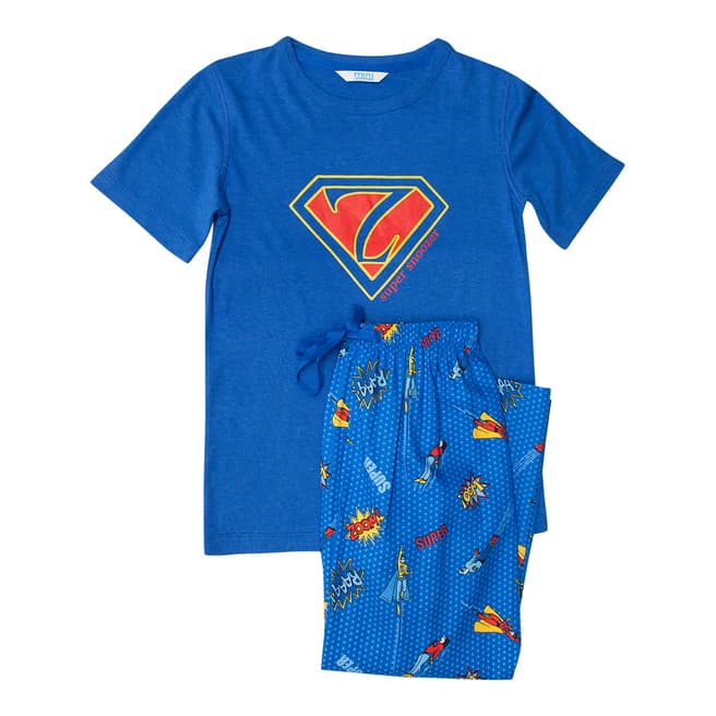 Minijammies Boy's Blue Sydney Thermaknit T-shirt and Woven Superhero Print Pyjama Set