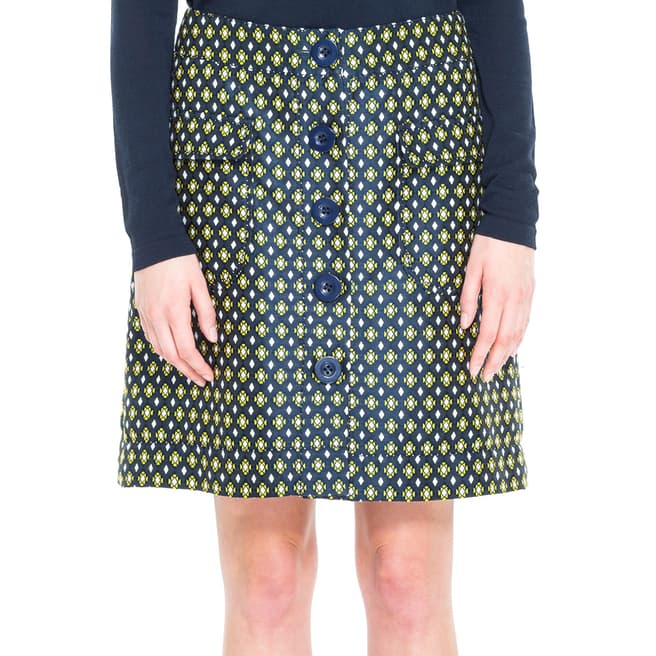 Leon Max Collection Navy/Cream/Yellow Jacquard A-Line Button Front Skirt