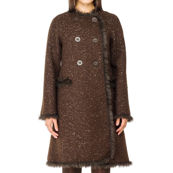 Leon Max Collection Brown Tweed Faux Fur Trim Wool Coat