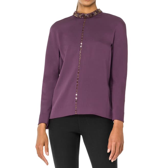 Leon Max Collection Eggplant Long Sleeve Beaded Blouse