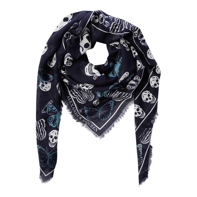 Alexander McQueen Navy And Ivory Skull Scarf Wool Blend