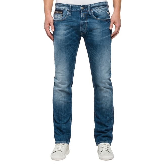 Replay Men's Blue Newbill Washed Zip Stretch Jeans