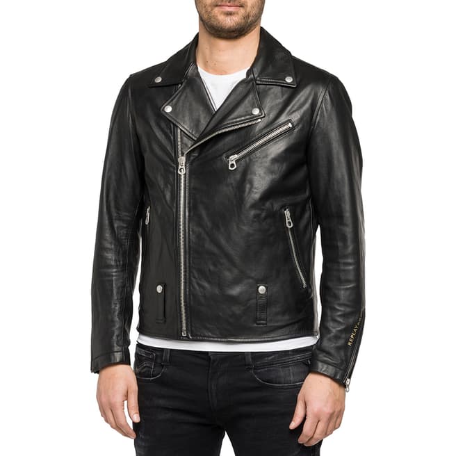 Replay Men's Black Leather Biker Jacket