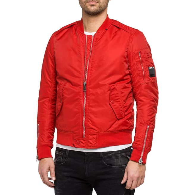 Replay Men's Red Twill Satin Bomber Jacket