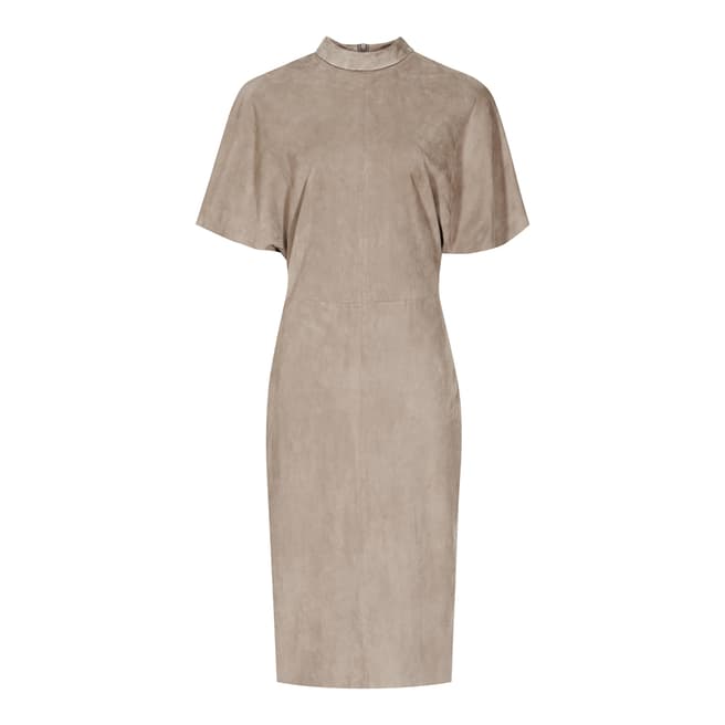 Reiss Neutral Margeaux High Neck Suede Leather Dress